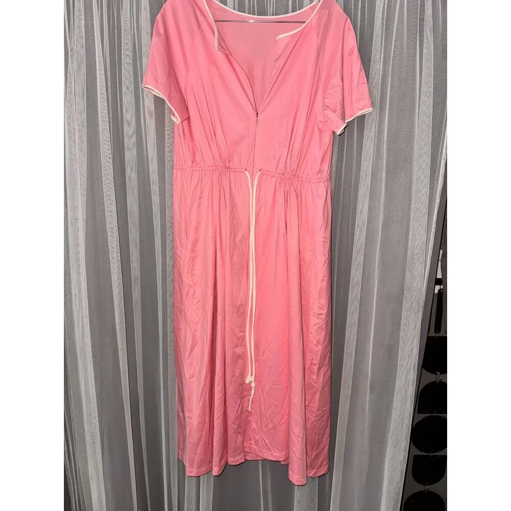 Pink Short-Sleeve Drawstring Waist Dress With Pockets & White Trim - Picture 1 of 10
